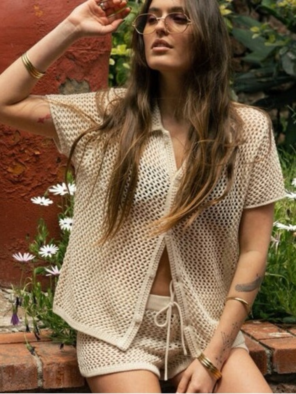 Dandy Del Mar Malaga Crochet Knit Shirt in Vintage Ivory Beach Swim Cream